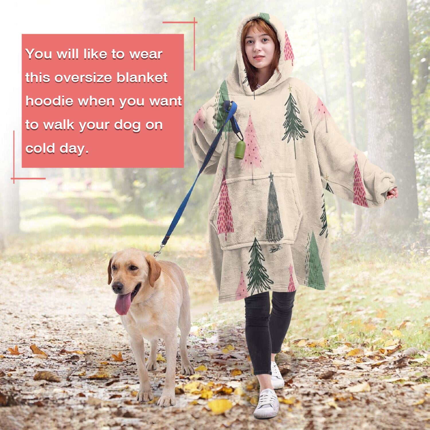 Wearable Oversized Blanket,Beige Christmas Tree Pattern Wearable Blanket Hoodie for Adults,Cozy Hooded Blankets with Super Pockets,Super Warm Fuzzy Pullover for Women & Men