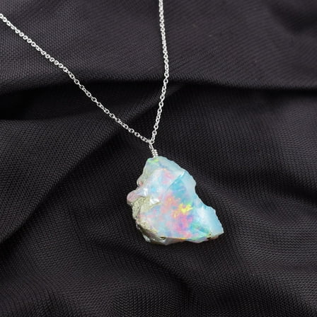 AA  Natural Ultra Fire Raw Ethiopian Opal Rough Handmade Dainty Pendant Necklace For Women, Healing Chakra Crystals, Birthstone Jewelry, Rhodium Plated 925 Sterling Silver Chain 20 inch, Gift for Her