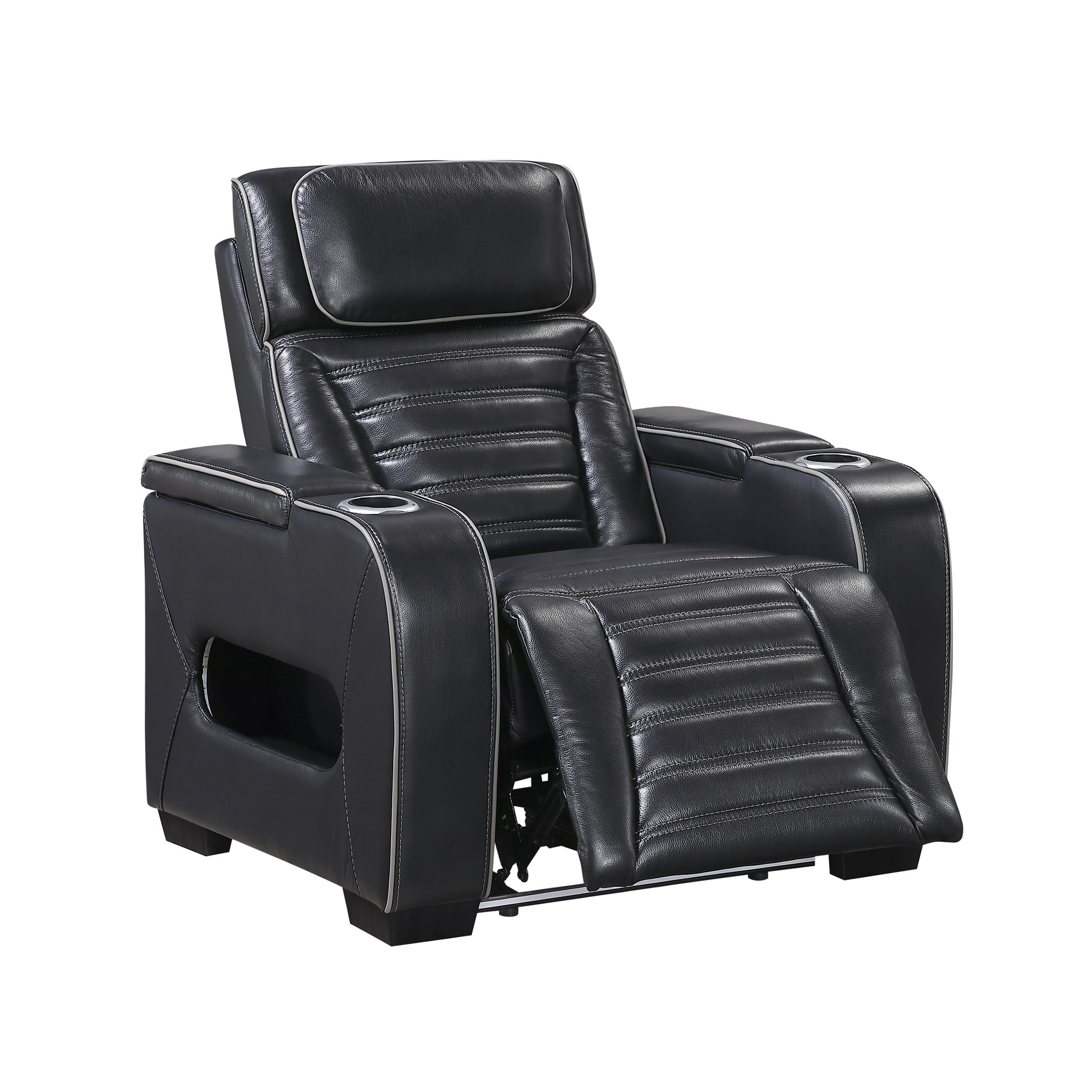 OakvillePark Elantra Leather Match Power Reclining Chair with Power Headrest/Cup holder/Storage Arms/Air Massage/Heat/LED Lighting and Charging Port, Black