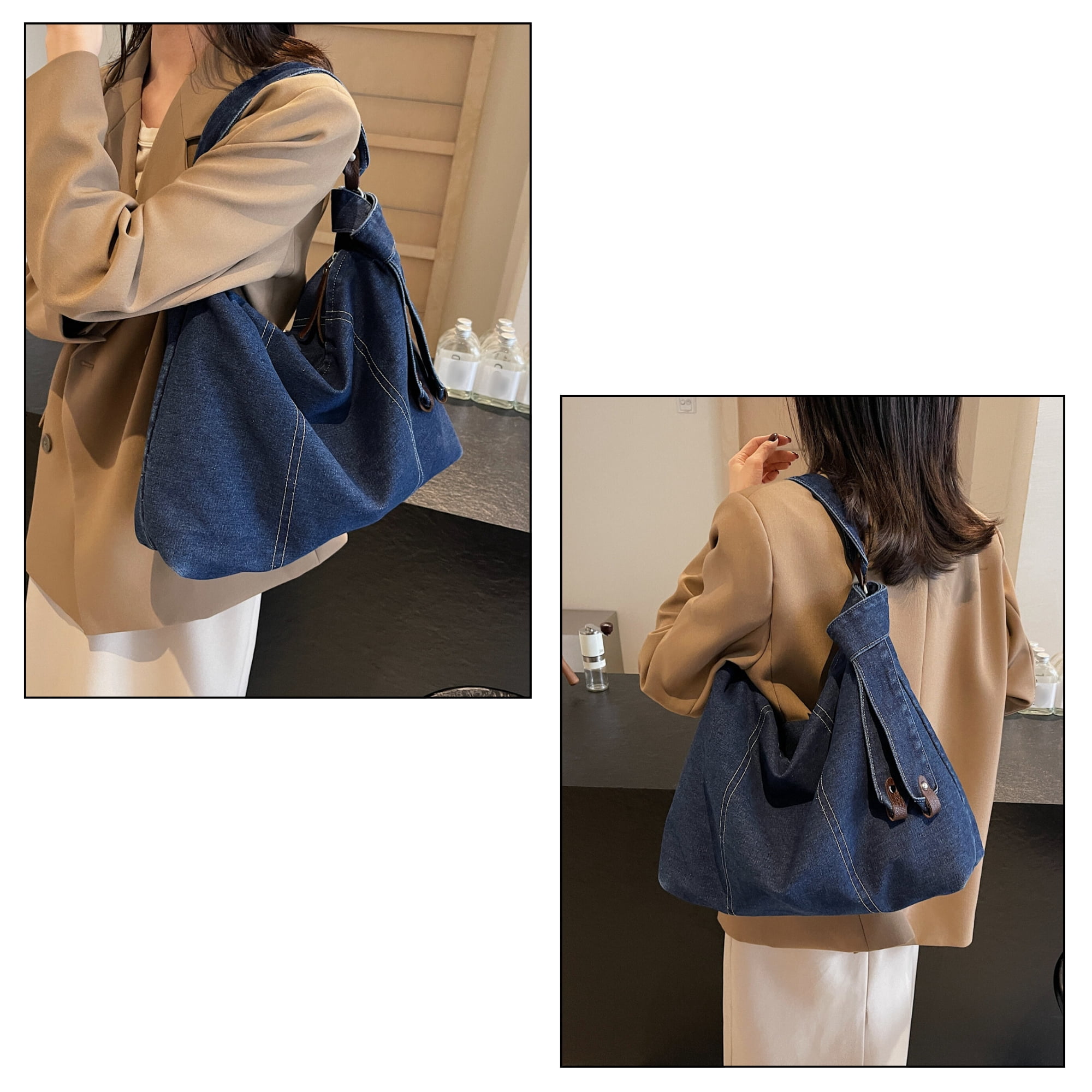 Women's Large Denim Messenger Bag, Hobo Crossbody Tote with 2 Removable Straps & Magnetic Closure, Blue Jean Shoulder Purse