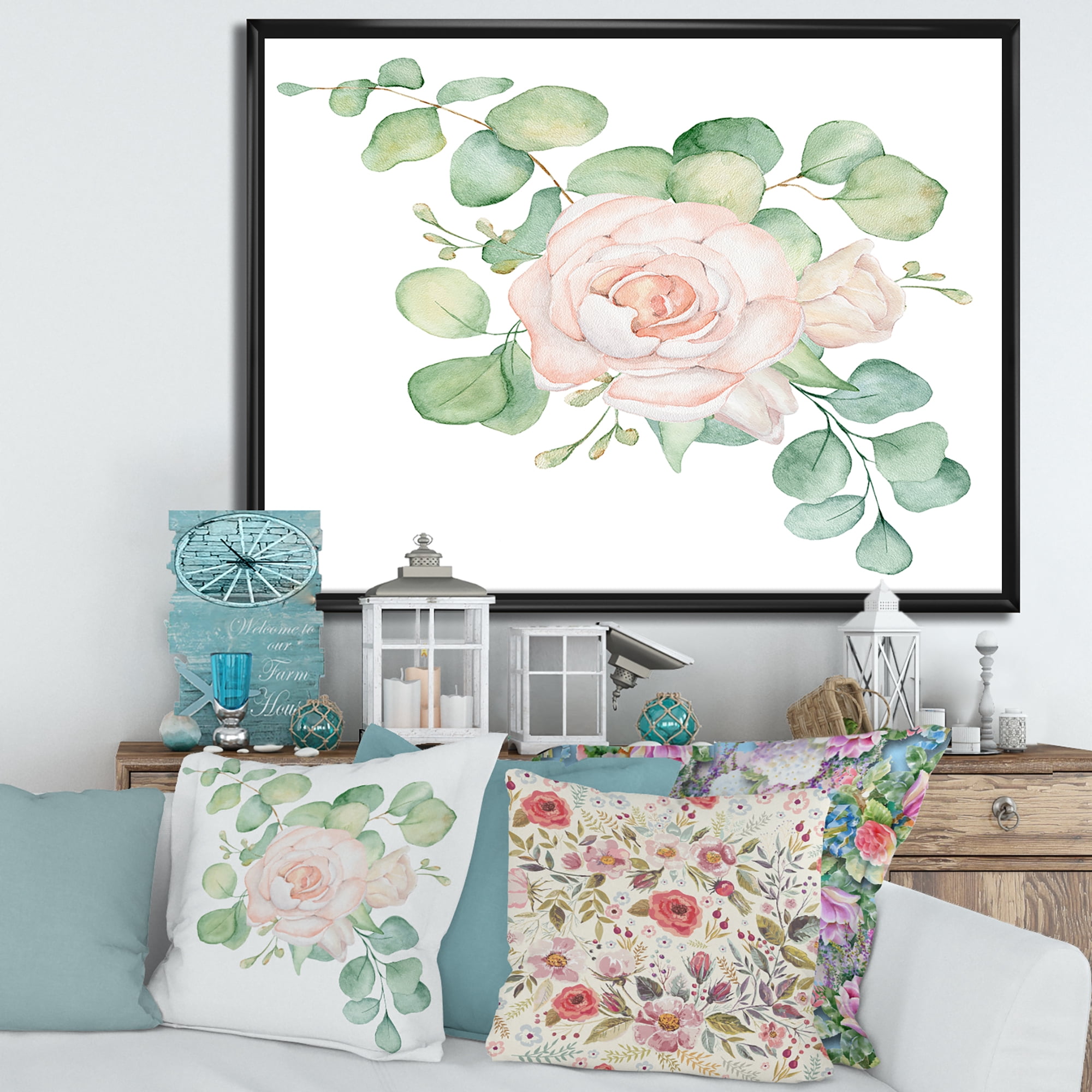 Bouquet of Pink Roses Flowers and Eucalyptus Leaves 32 in x 24 in Framed Painting Canvas Art Print, by Designart