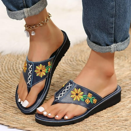 

Ecqkame Women s Platform Slippers Clearance Womens Summer New Round Head Cool Half Drag Ethnic Style Embroidered Slippers Dark Blue 41