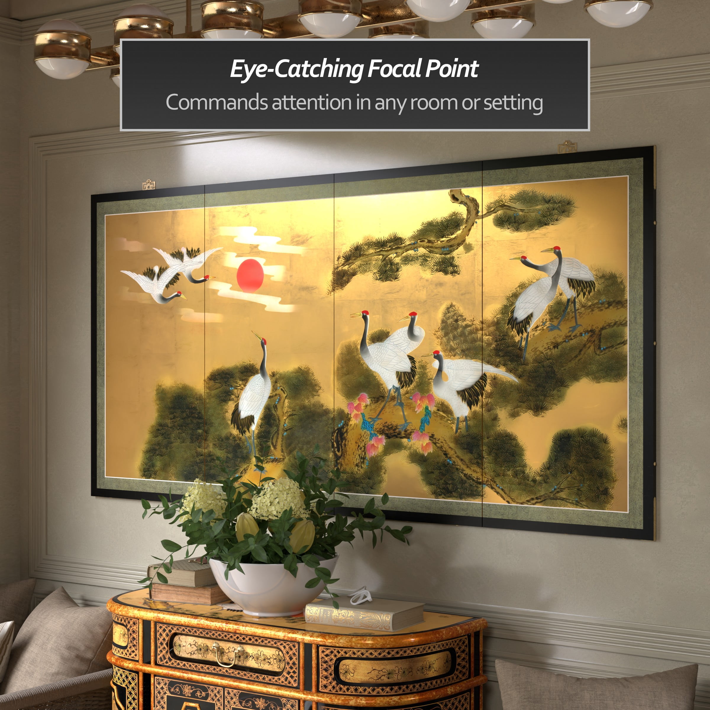 6ft. Long Handpainted Goldleaf Chinese Silk Wall Art Screen - Cranes and Pine