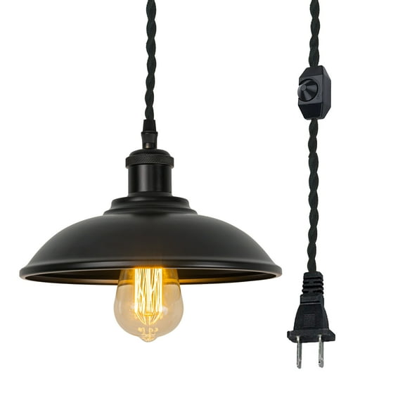 Kiven Plug in Pendant Light,Industrial Hanging Light with Iron Lampshade and 15FT Plug-in Cord, Dimmable Ceiling Pendant Light for Bedroom Hallway Foyer Kitchen Island, E26 Base