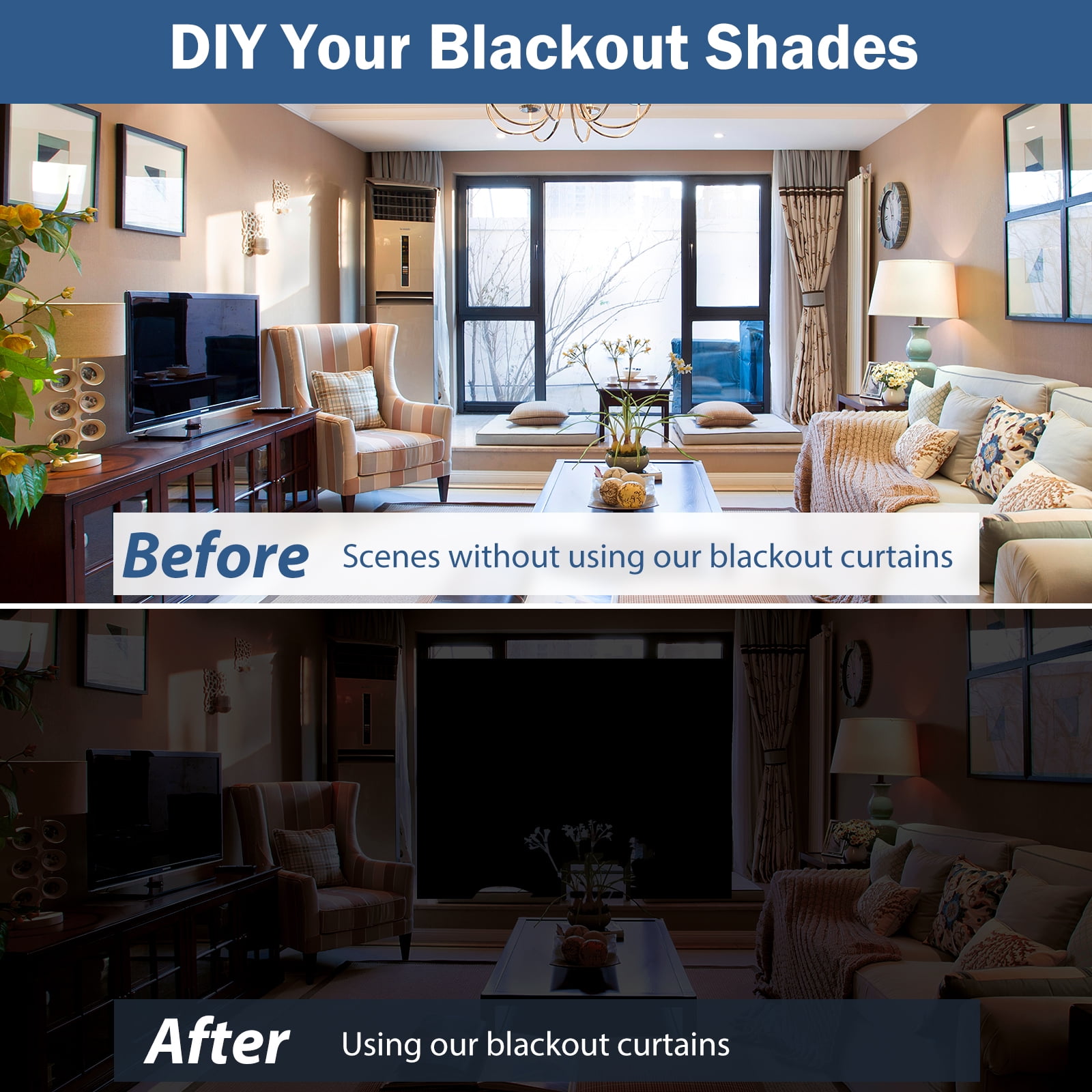 PChero Blackout Shades for Bedroom 138" x 58", Portable Blackout Curtains, No Drill Window Blinds,Blackout Window Cover DIY Temporary Blackout Blinds Film for Bedroom Nursery Travel Dorm Room