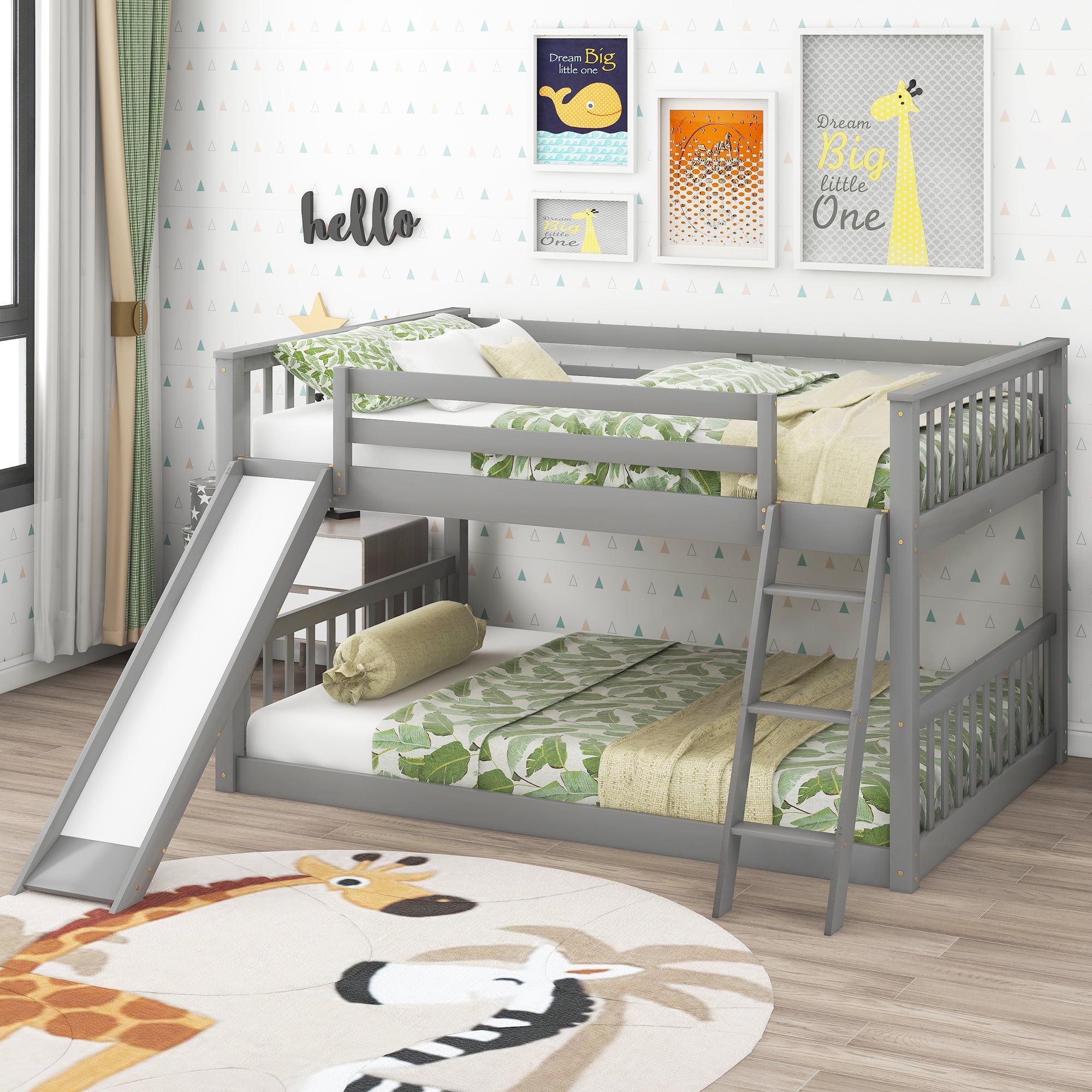 Euroco Full over Full Floor Bunk Bed with Inter-Changeable Slide and Ladder, Solid Wood Bunk for Kids Teens Adults, Gray