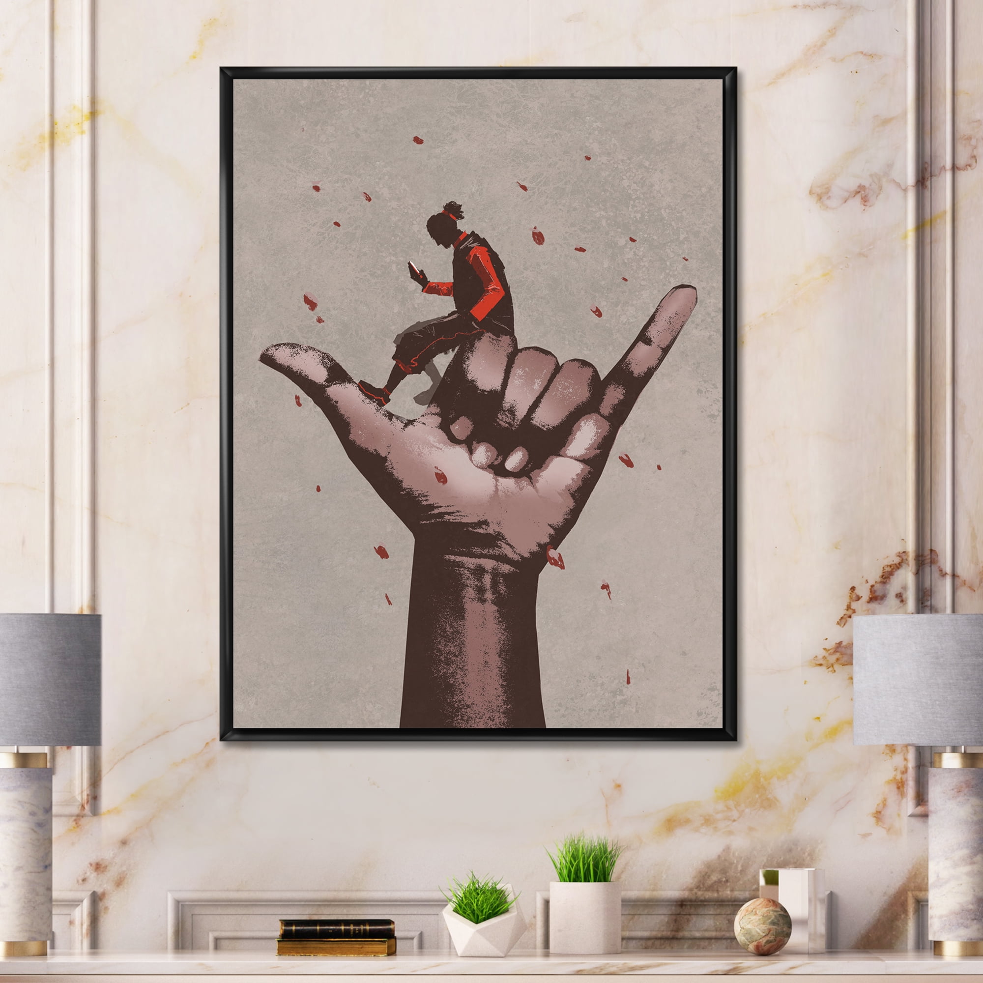 Designart 'Man Using Mobile Phone With Call Me Sign' Modern Framed Canvas Wall Art Print