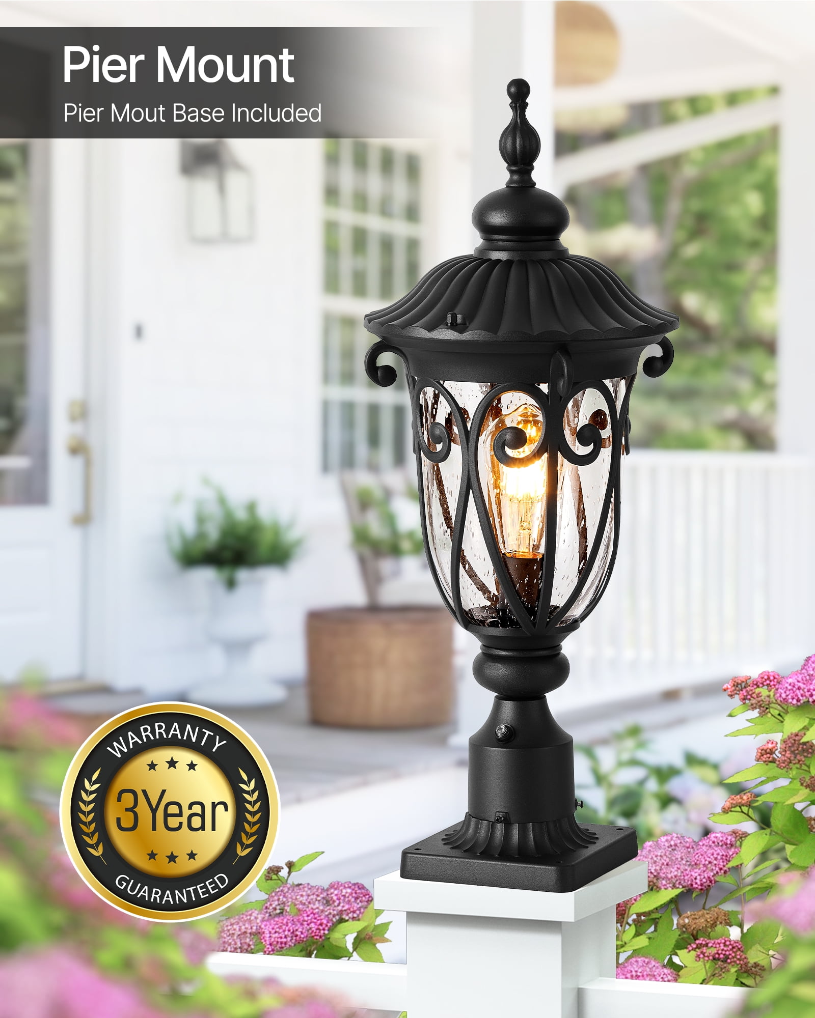VIANIS 23.8" Large Outdoor Post Lights, Black Dusk to Dawn Outdoor Post Light, Waterproof Aluminum Retro Style Post Lights Outdoor with Glazed Bubble Glass for Driveway, Yard, Garden, 120V AC