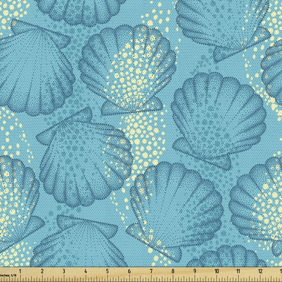 Ambesonne Ocean Fabric by the Yard Upholstery, Scallop Sea Shells Aquatic, 3 Yards, Sky Blue Beige