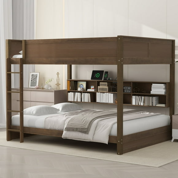 Noble House Queen over Queen Bunk Bed with Book Shelf and USB Ports for Bedroom, Brown