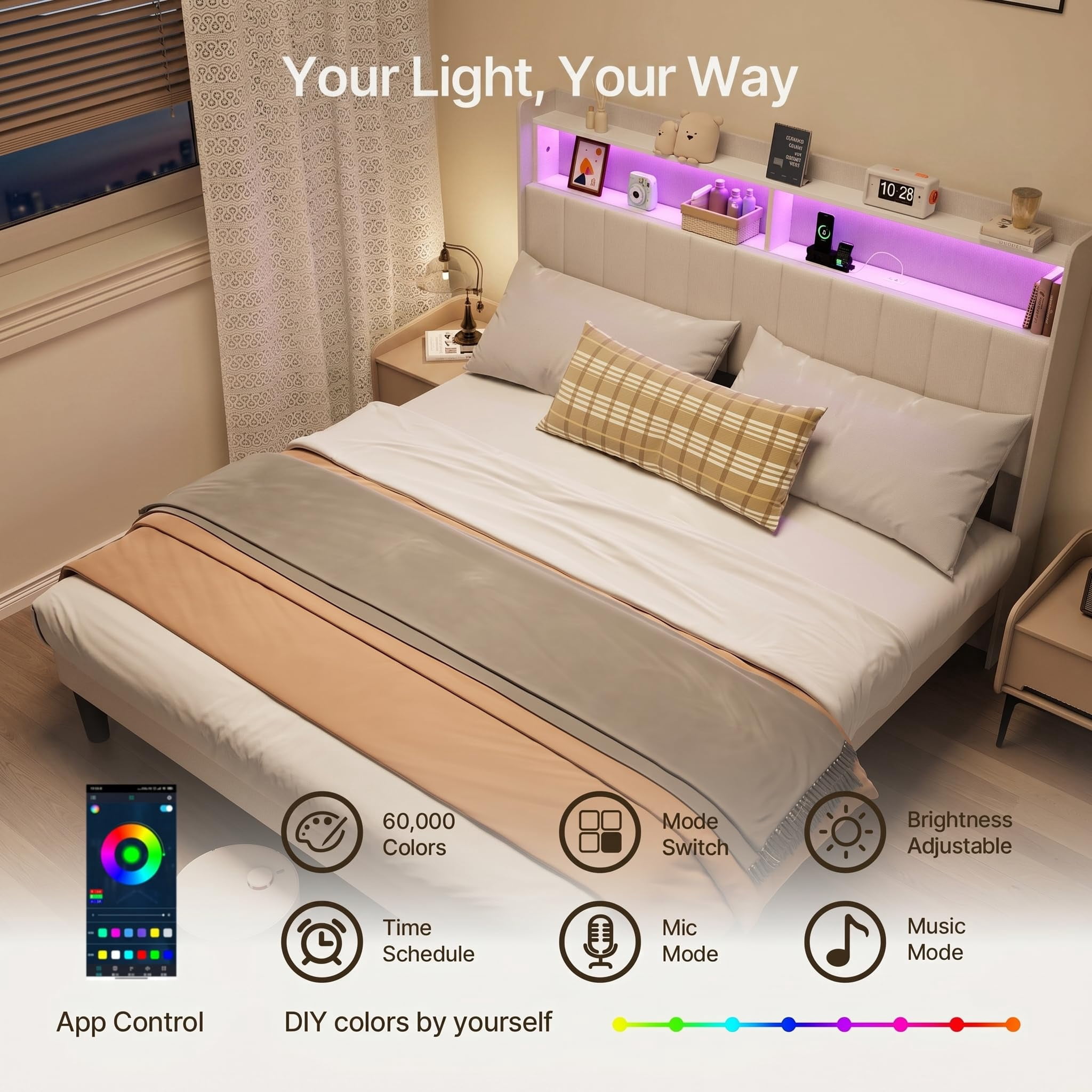 Upholstered Full Size Platform Bed Frame with LED Lights, Charging Station & 2-Tier Storage Headboard, Wooden Slats Support No Box Spring Required Quiet Design Beige