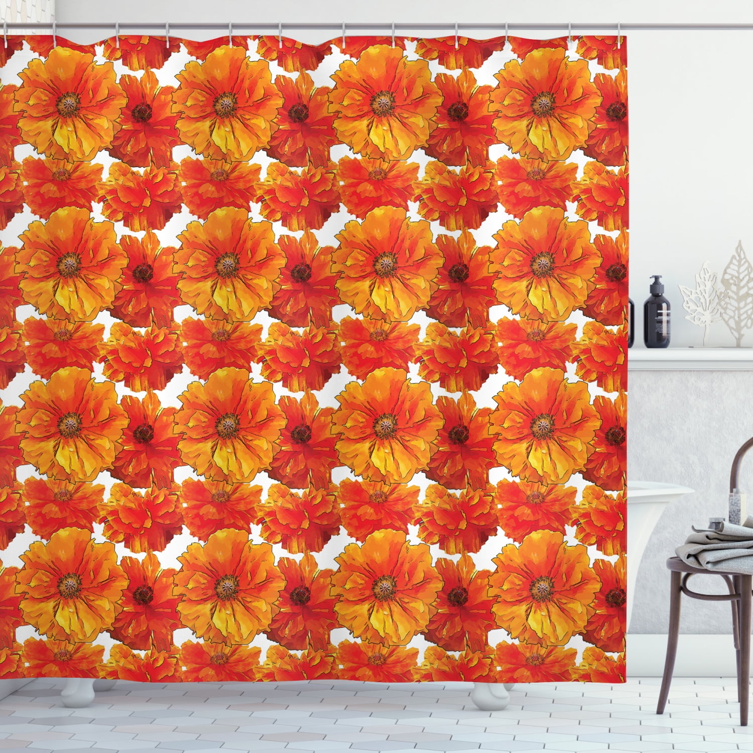 Orange Shower Curtain Set, Big Bright Flourishing Bohemian Poppies on