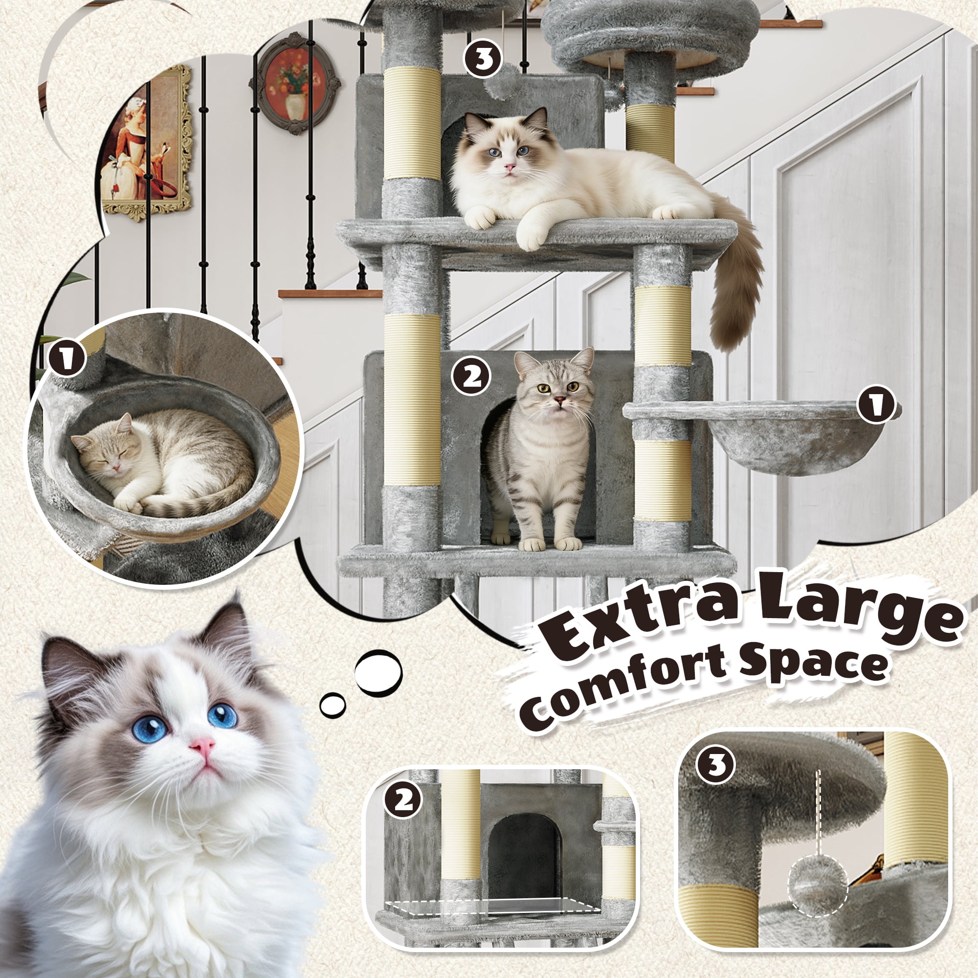 Multi-Level Cat Tree, 2 Condos, 3 Perches & Hanging Hammock, Natural Sisal Scratching Posts, Short Plush, Stable Structure for Kittens to Senior Cats & Multi-Cat Homes