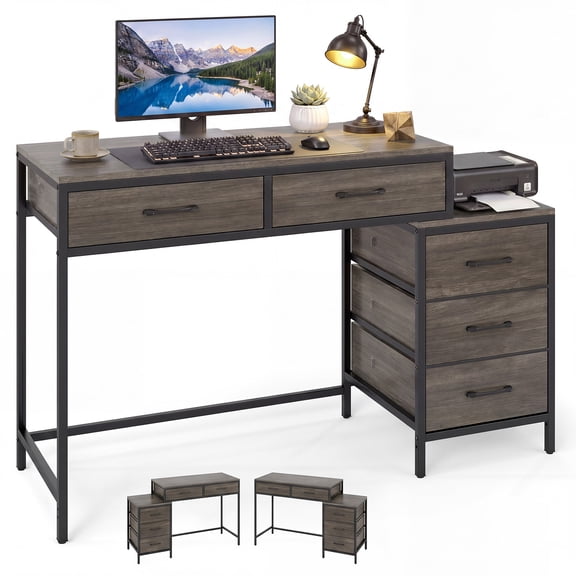 Costway Computer Desk with 5 Drawers, 51 Inch Home Office Desk with Reversible Drawers Oak