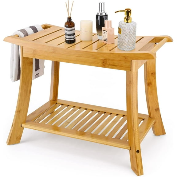 Bamboo Shower Bench & Stool with Storage Shelf, Bath Benches for Inside Shower, Bathroom Stools 2-Tier Spa Seat for Adults Elderly (Beige)