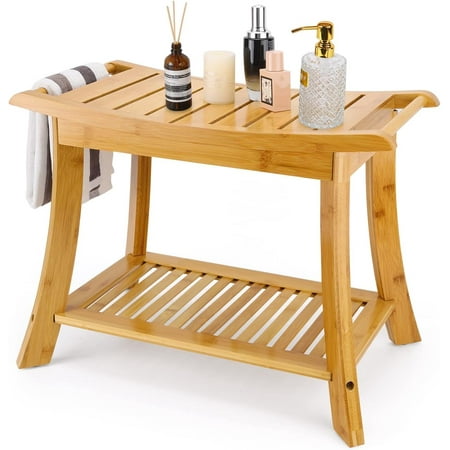 Bamboo Shower Bench & Stool with Storage Shelf, Bath Benches for Inside Shower, Bathroom Stools 2-Tier Spa Seat for Adults Elderly (Beige)