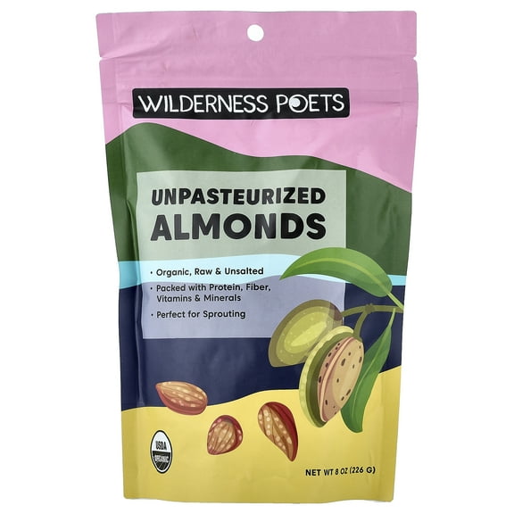 Wilderness Poets Unpasteurized Almonds, Raw Organic Nuts (8 Ounce - Half Pound)