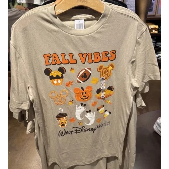 Disney Parks 2025 Halloween Mickey Fall Vibes T Shirt XSmall Snacks Pumpkin