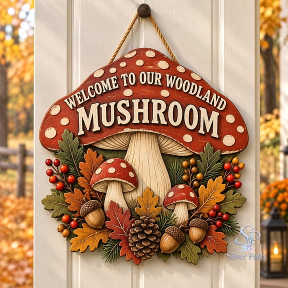 Mushroom Door Hanger, Woodland Autumn Wooden Welcome Sign for Entryway, Fall Home Decor