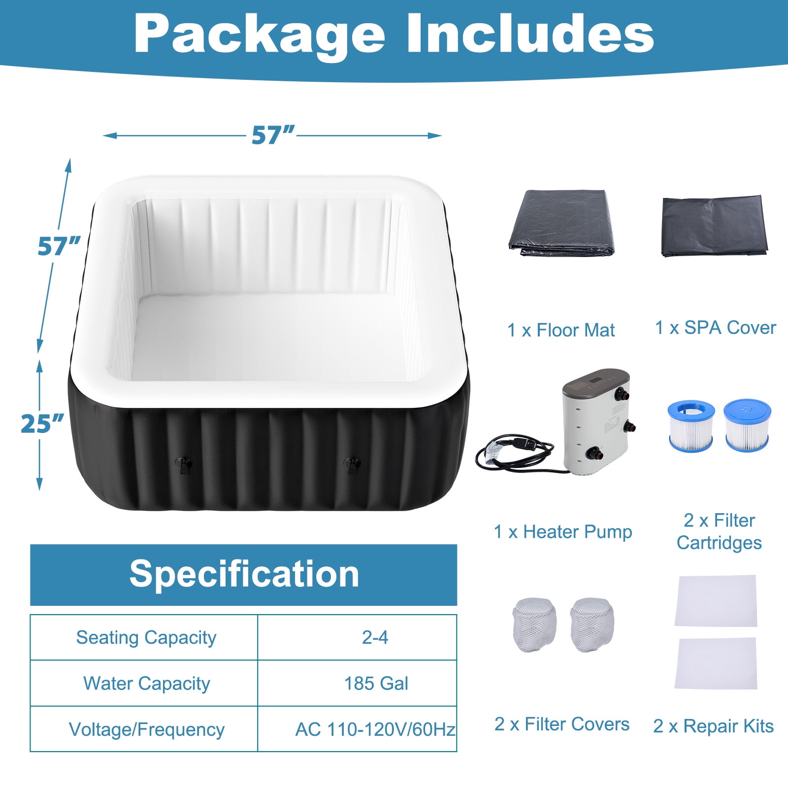 Slsy 4-6 Person Inflatable Square Hot Tub with 130 Bubble Jets, Built-in Heater Pump and Filter, 73"L x 73"W x 25"H