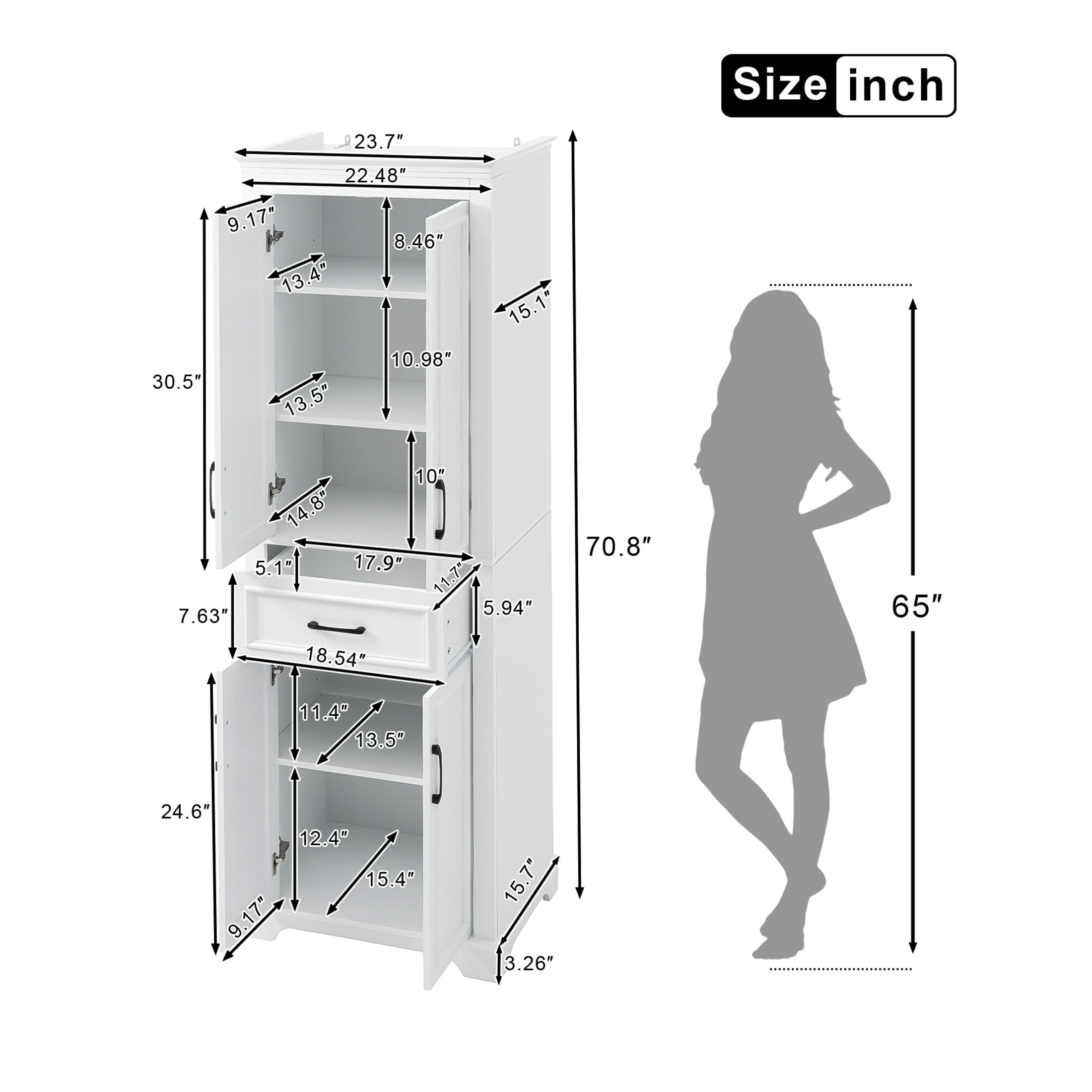 Noble House 70.8"H Freestanding Cabinet, 4 Doors 1 Drawer Space-Saving Storage with Adjustable Shelves, White