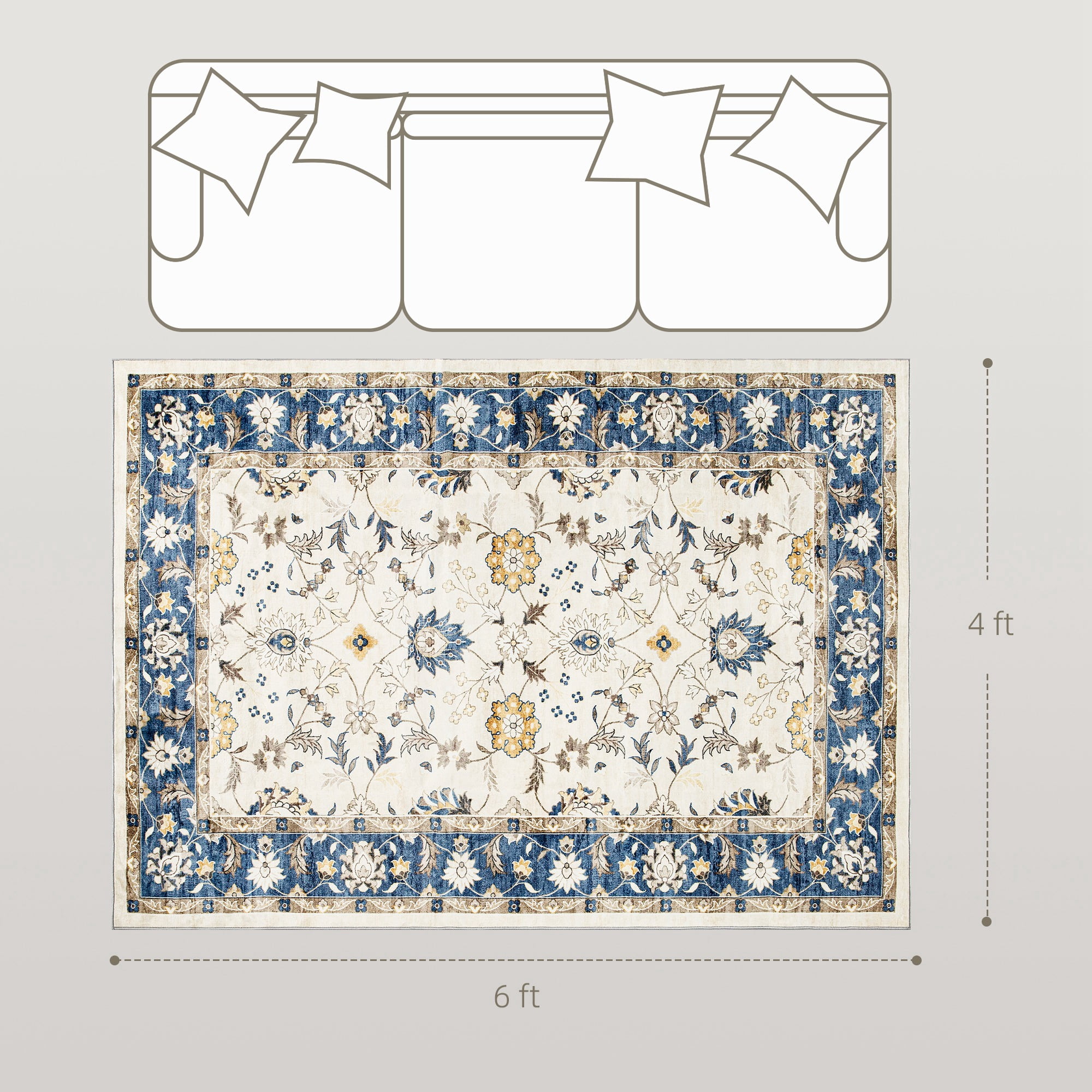 HOMCOM Machine Washable Area Rug 4x6, Non-Slip Boho Floral Print Floor Carpet for Living Room, Bedroom, Dining Room, Blue