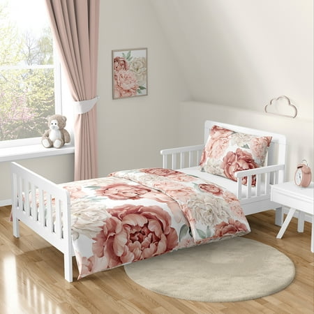 UPC: 0846480098317 | Peony Floral Garden Pink and Ivory Toddler Bed Comforter Bedding Set Girl by Sweet Jojo Designs