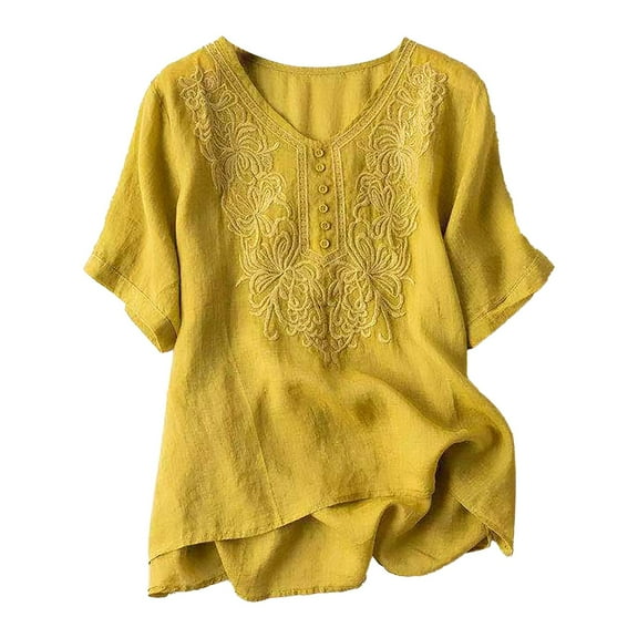 yunLCZ Classic-Fit Long-Sleeve Dress Women's Cotton Linen Short Sleeve V Neck Loose Embroidered Top