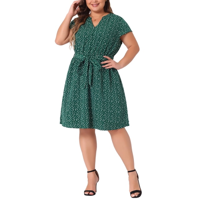 GRACE & GRANDEUR Vestido de Verano para Mujeres Talla Grande con Mangas Cortas, Escote en V, Vestido Midi Floral 3X Verde Oscuro