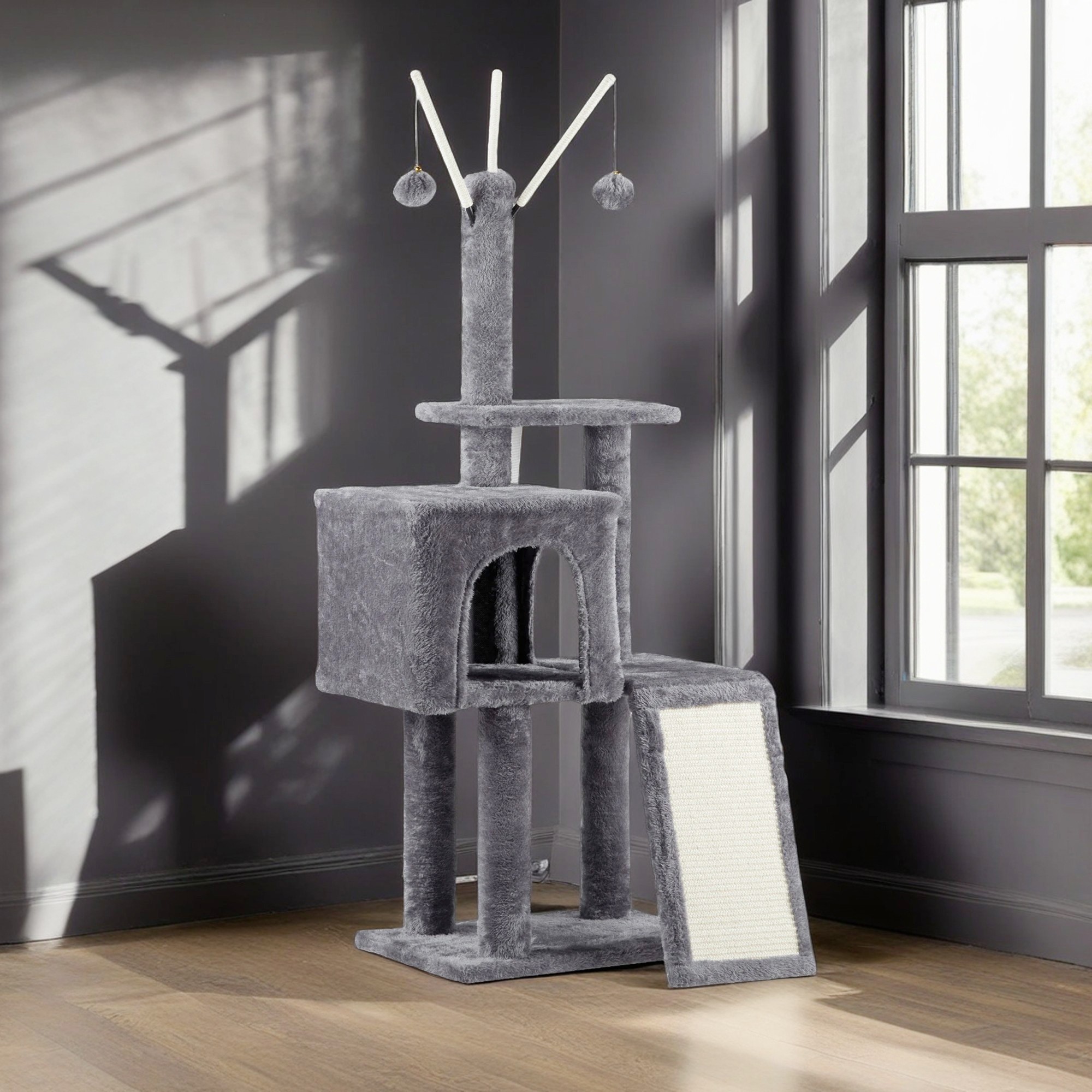 resenkos 49" Cat Tree Tower for Indoor Cats, Cat House with Padded Platform Bed, Toy Balls, Large Cozy Condo, Sisal Scratching Board, Gray