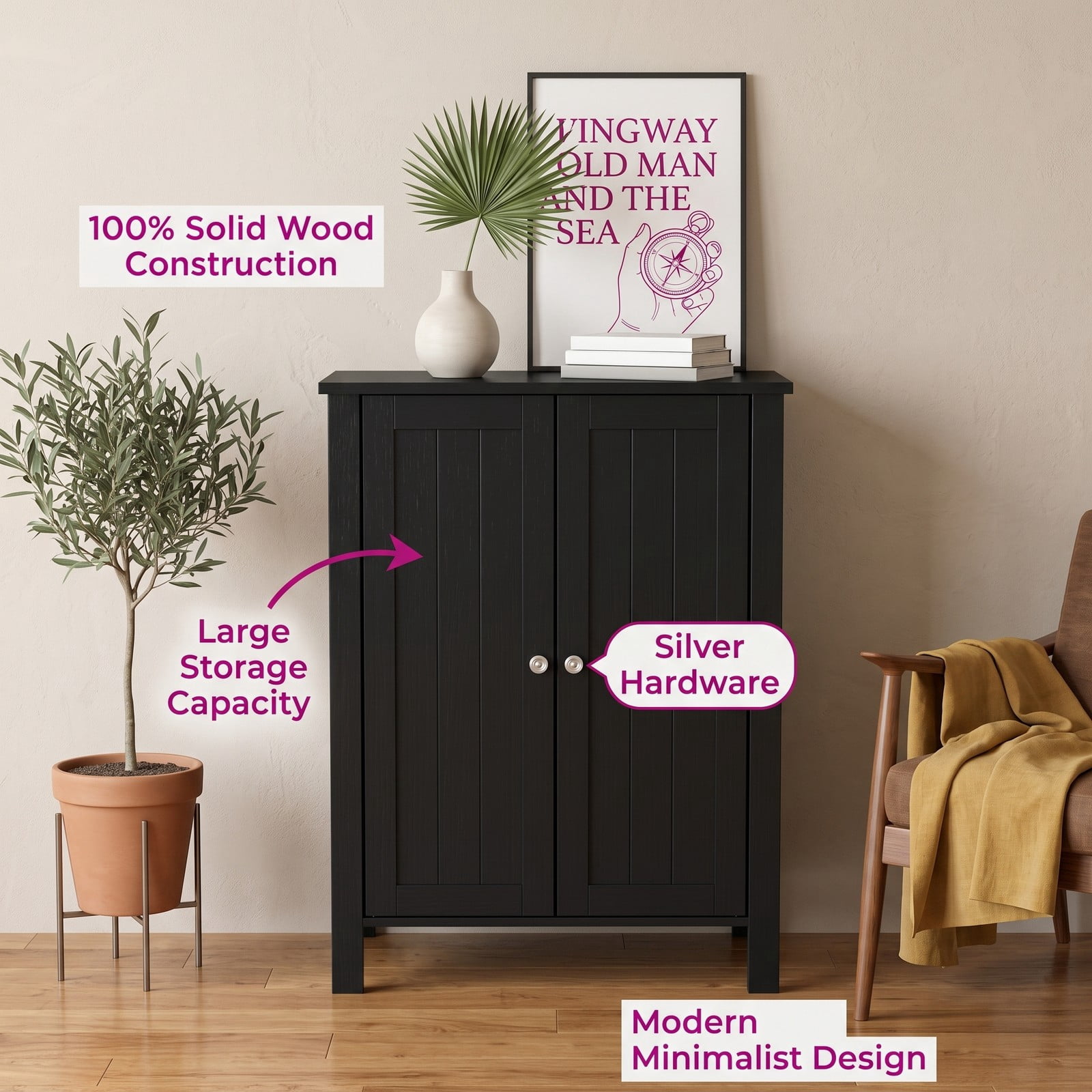 Fenbeli 2-Door Bathroom Floor Storage Cabinet, Freestanding Space-Saving Storage Organizer with Adjustable Shelves, Wooden Side Cabinet for Bathroom Laundry, Black