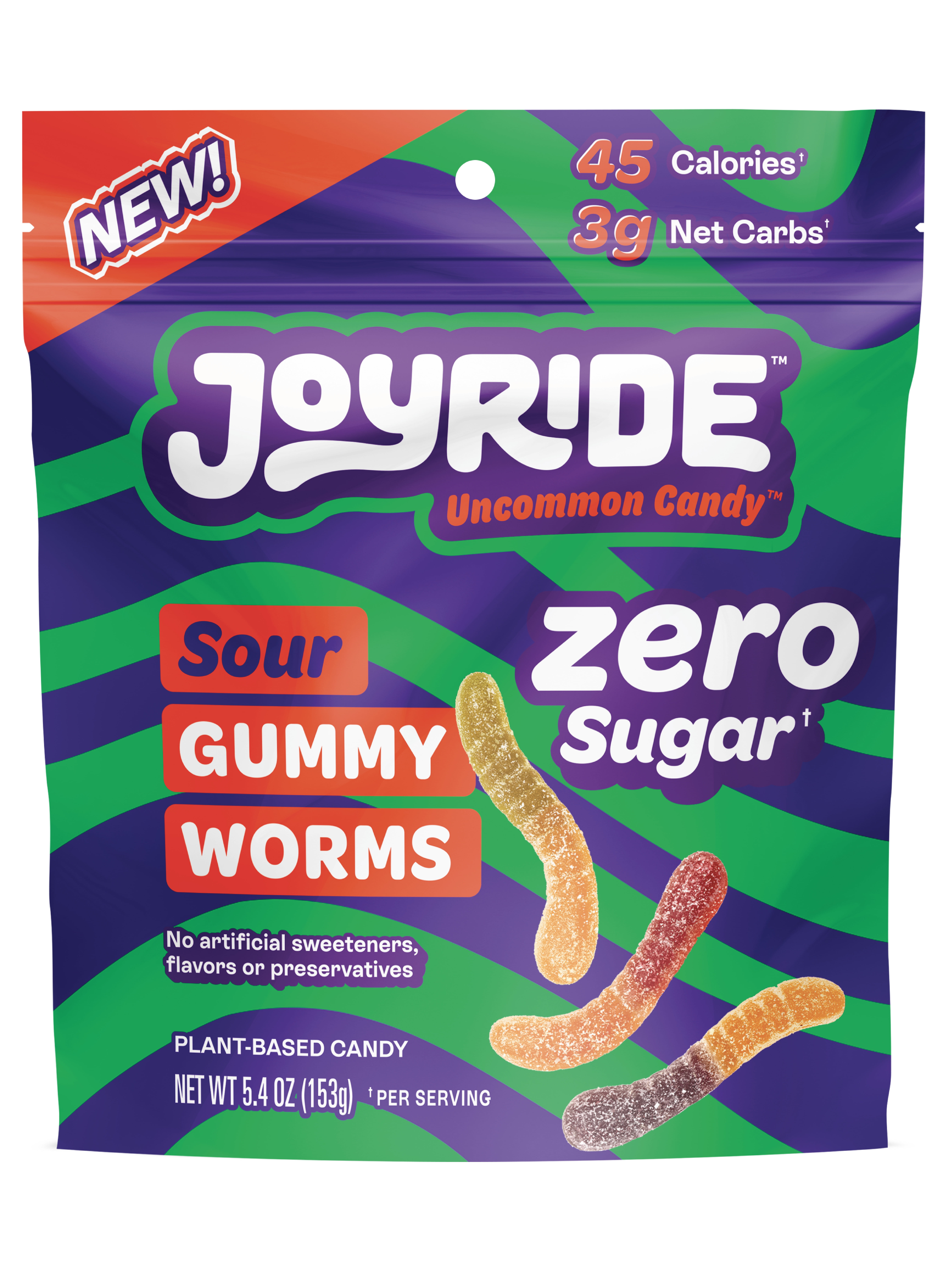 JOYRIDE Zero Sugar Sour Gummy Worms, Low Calorie Vegan Gummy Candy, 5.4oz