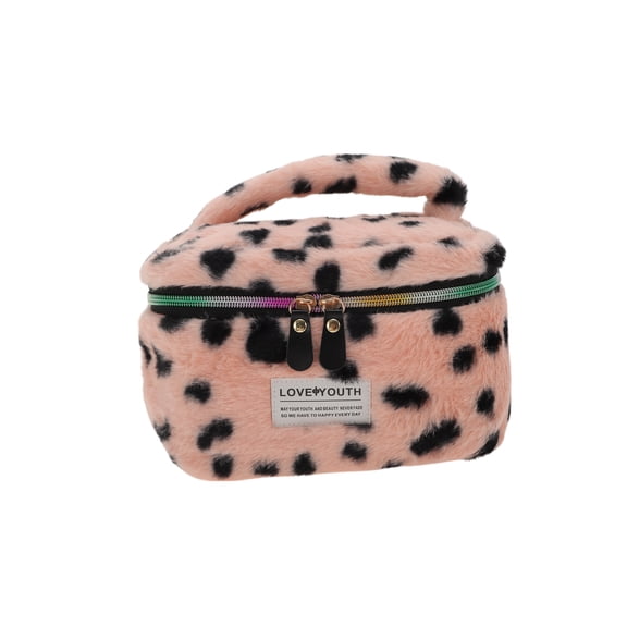 Unique Bargains 1 Pc Leopard Pattern Drawstring Makeup Bag for Vacation Business Travel Plush Pink