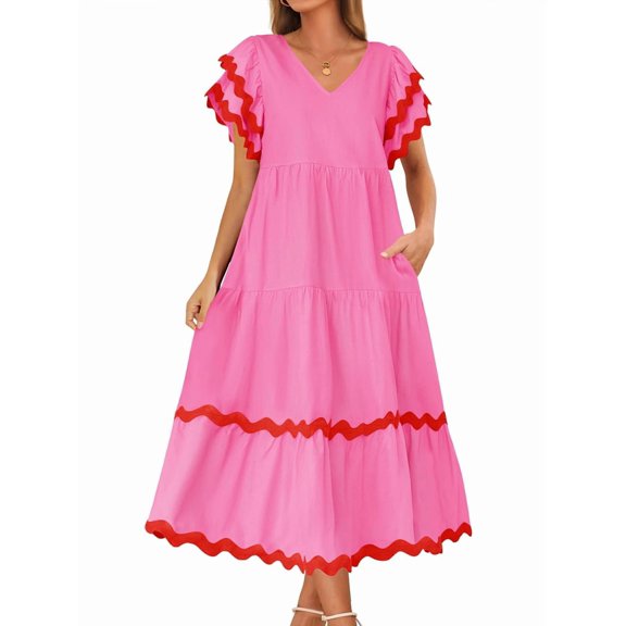 Womens 2025 Summer Casual Midi Dresses V Neck Flutter Short Sleeve Ruffle Tiered A Line Flowy Beach Long Dress Pink S