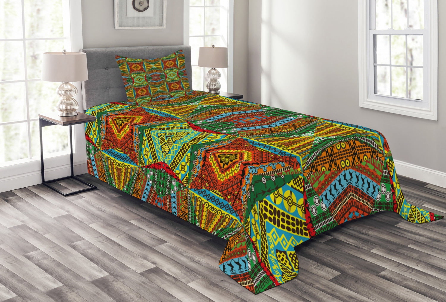 African Bedspread Set, Collage of Ethnic Native Motifs Ancient Art