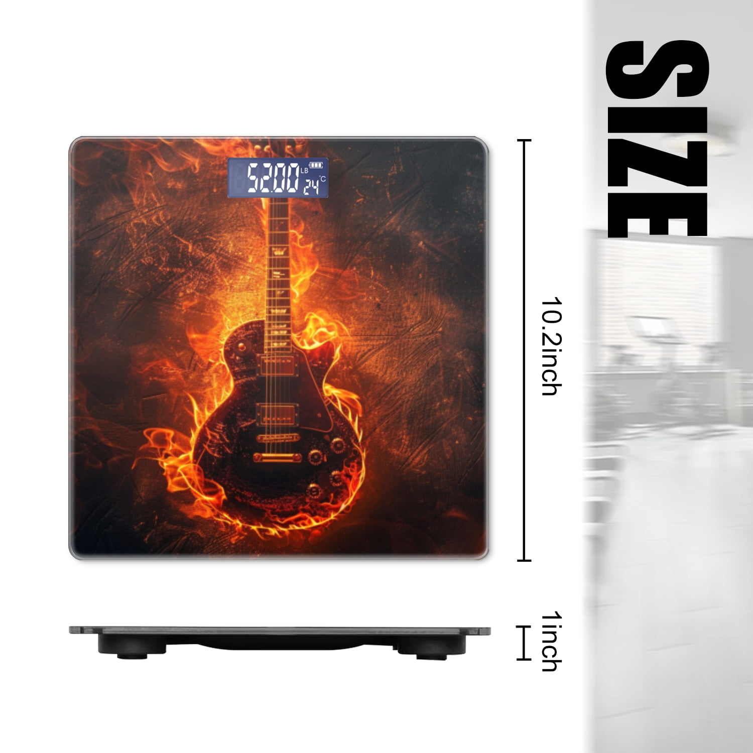 Bathroom Scale, Highly Accurate Digital Body Scale,Precisely Measures Weight up to 400 lbs-Flaming Guitar With Rock And Roll-Themed Design