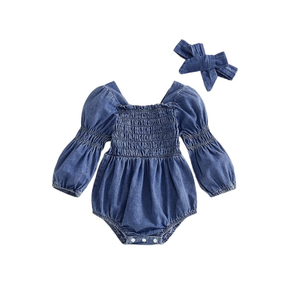 BemeyourBBs Newborn Baby Girl Denim Romper Outfits Jeans Smocked Bubble Romper Cute Girls Spring Summer Clothes Casual Long Sleeve Bodysuit Bow Headband 2 Pcs Set