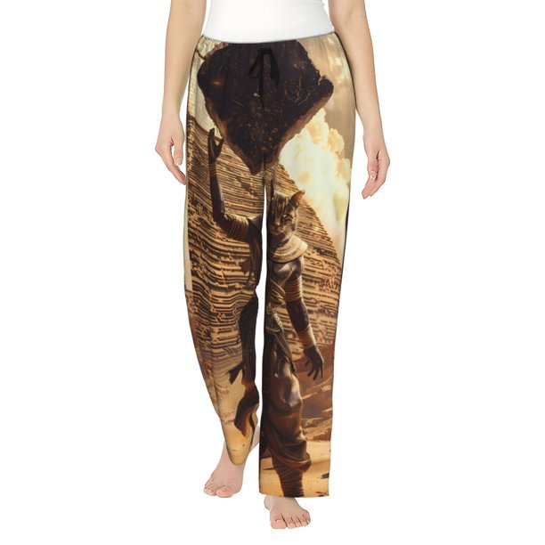 Fotbe Egyptian Cat Pharaoh Magic Pantalones de Pijama para Mujer, Pantalones de Dormir, Pantalones Pj con Cordón y Bolsillos-Medium