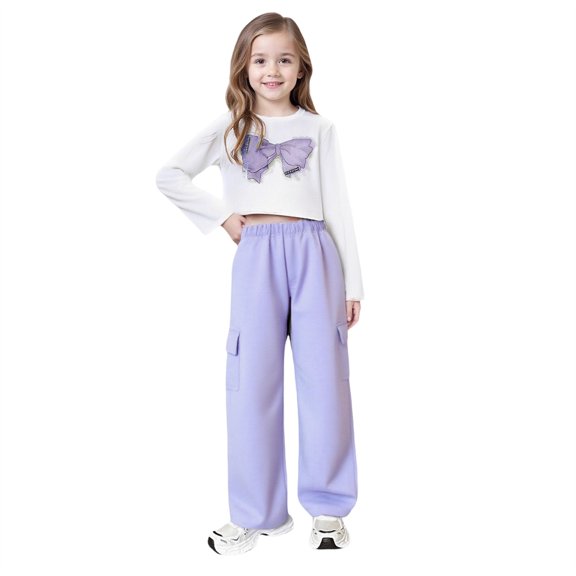 CPNG Girls 2 Piece Fashion Outfit Sets Crewneck Long Sleeve Crop Top and Cargo Pants Set Kids Casual Streetwear Loungewear Set