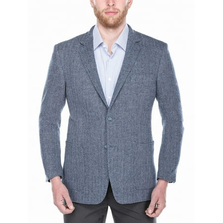 Worsted Wool Blazer - Men's Navy and Light Blue Wide Herringbone 100% Wool Blazer