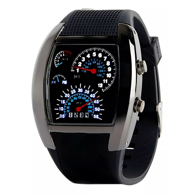 Reloj Aviador Led Tipo Velocimetro Correa Negro Y Negro