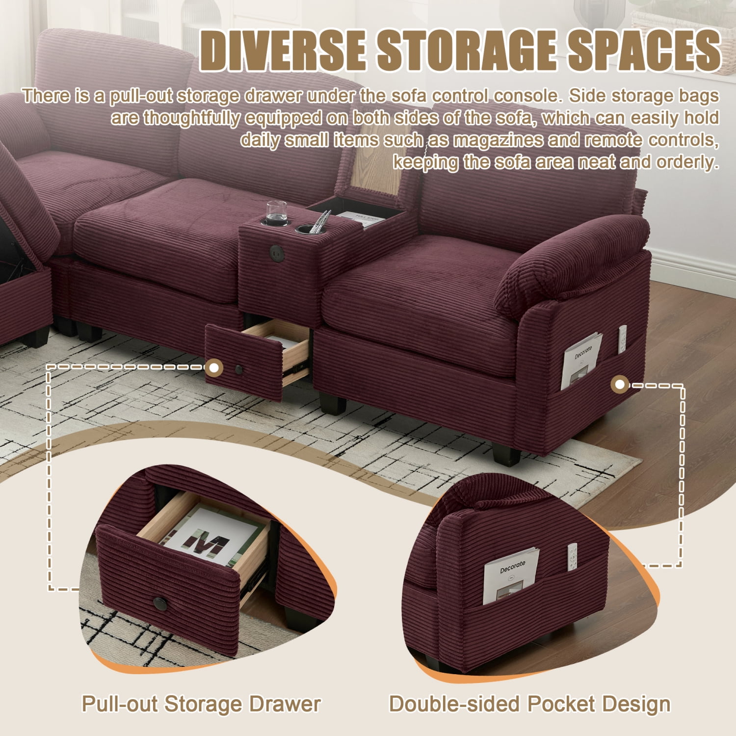 Leumius L-Shaped Sectional Sofa for Living Room,105" Modular 4-Seater Upholstered Sofa Couch with Cup Holder/USB Interface/Storage Box,Rose Red