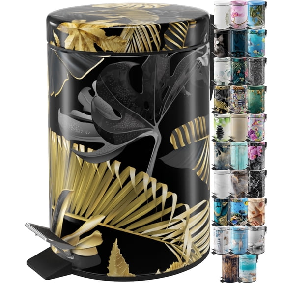 Sanilo Trash Can 1.3 Gallon with Soft Close, Many New Cosmetic and Kitchen Waste Bins Available, Bathroom Bin with Inner Bucket (Golden Leaves)