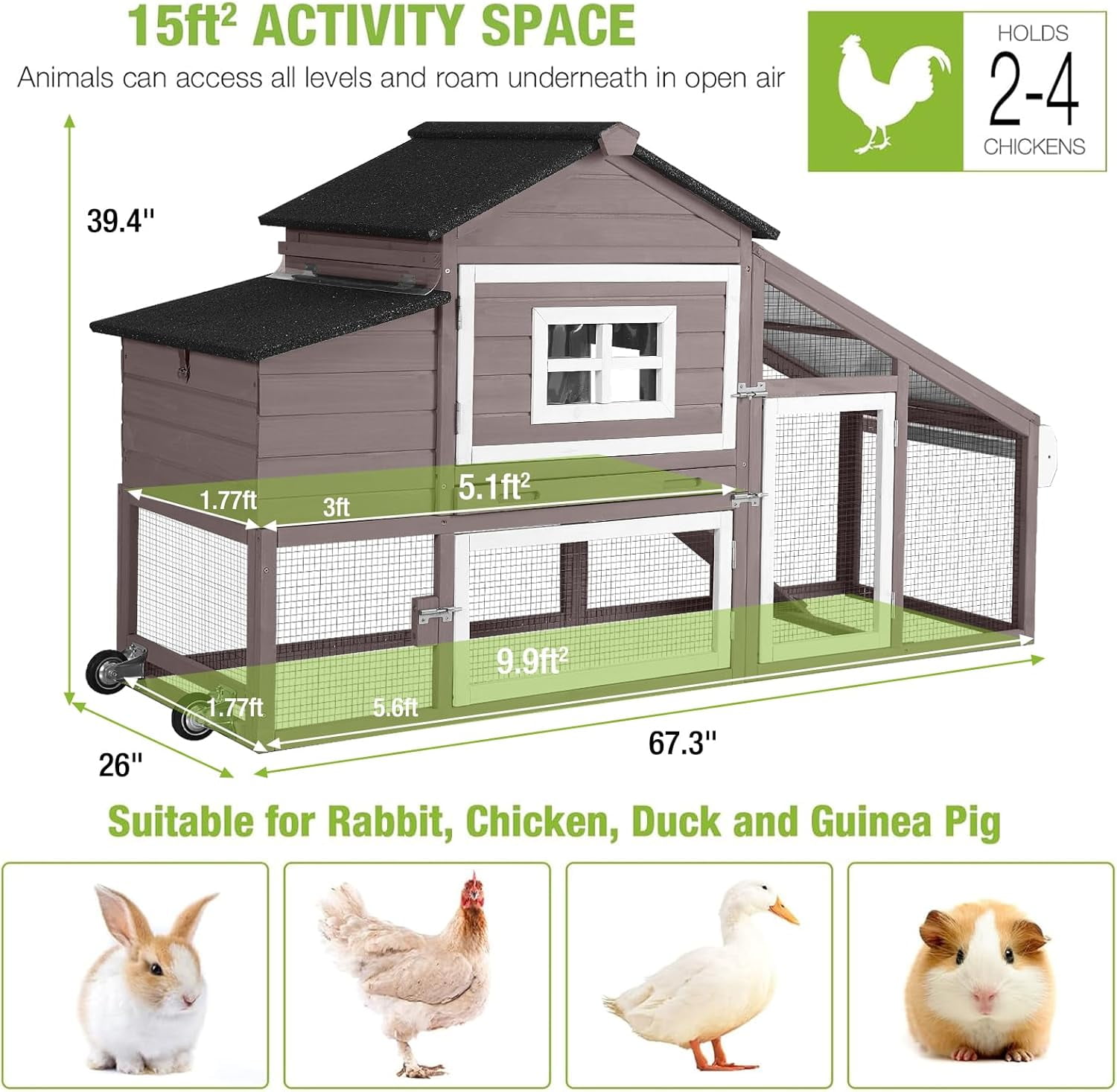 Chicken Coop Mobile Chicken House On Wheel Outdoor Rabbit Hutch for 2-4 Chickens 67"(Brown)