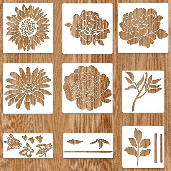 10 Pcs Flower Stencils for Painting, Large Reusable Floral Stencils, Sunflower Rose Daisy Templates for Wood Fence, Wall Art, Furniture DIY - PET Plastic Craft Stencils for Home Decor