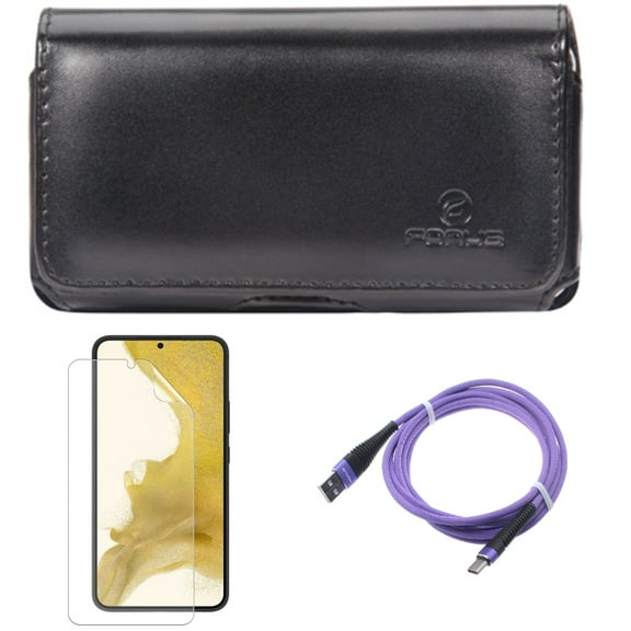 For Samsung Galaxy S21 (6.2") - Swivel Leather Case Belt Clip   Type-C Purple 10ft USB Cable   Anti-Glare TPU Film Matte Screen Protector