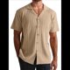 thumbnail image 1 of Camisa de Punto para Hombre, de Corta, , con Botones, para Vacaciones en la Playa, Informal, A Rayas, para Verano. Caqui M, 1 of 7