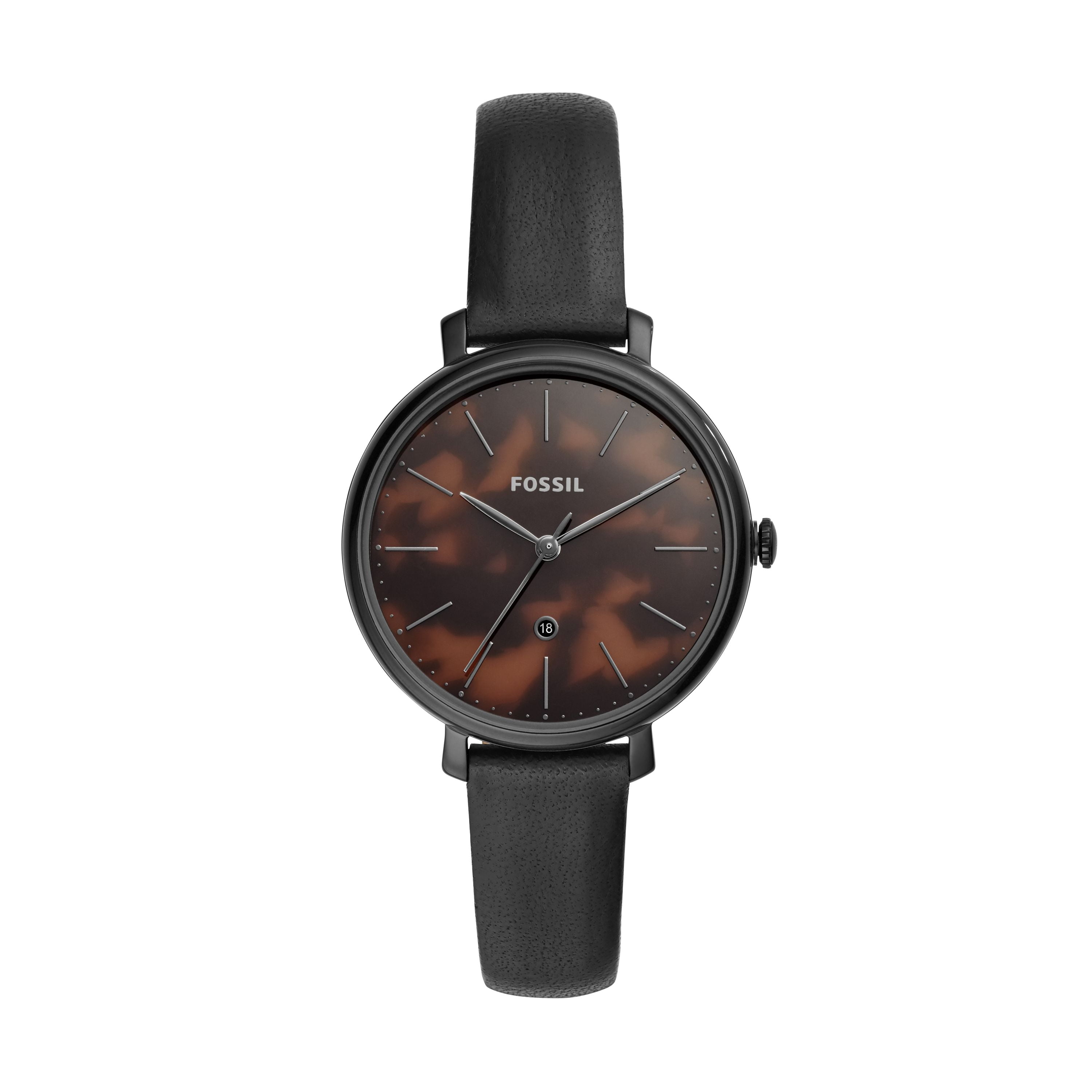 Fossil Women's Jacqueline Tortoise Dial Black Leather Watch ES4632