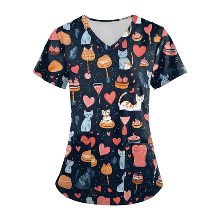 Plus Size Women s Cross V-Neck Short Sleeve Scrub Set - Fun T-Shirt Workwear with Pockets Animal & Floral Pattern Medical Uniform for Nurses Yellow L