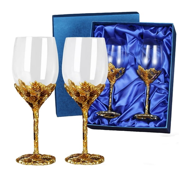 AJONALAA Handmade Painted Enamel Flower Glass Wine Glasses, Transparent Drinking Glasses Set of 2, Gift Box(Golden)